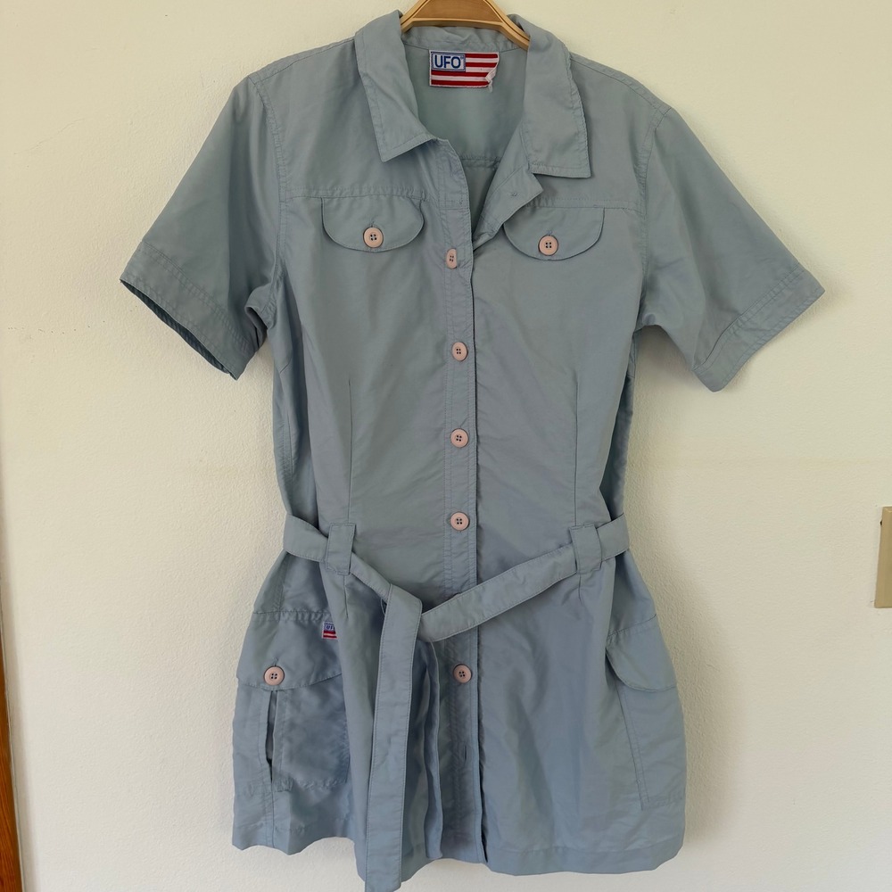 Vintage UFO Light Blue Utility Cargo Dress Short Sleeve Belted Mini Dress Retro